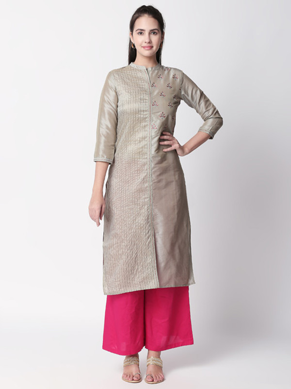 Ethnicity Silver Embroidered and Textured Long Kurta Tunic with Collar Ethnicity Silver Embroidered and Textured Long Kurta Tunic with Collar