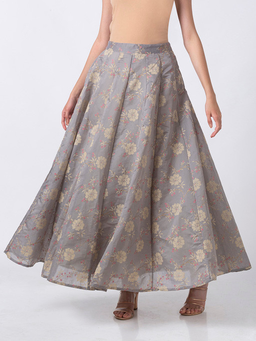 Ethnicity Handcrafted Gold Floral Gray Lehenga Skirt