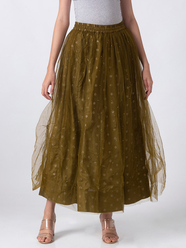 Ethnicity Artisan Olive Lehenga Skirt with Gold Print