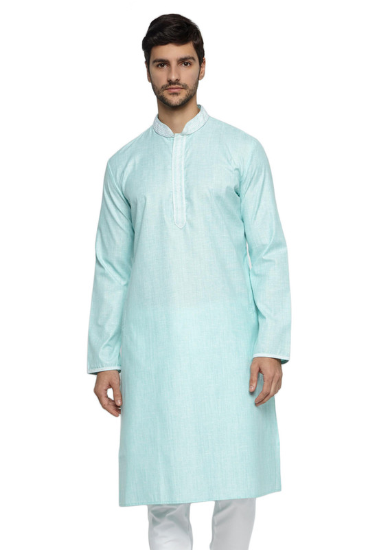 Ethnix Men's Banded Collar Solid Turquoise Textured with Embroidered Placket Long Kurta Tunic