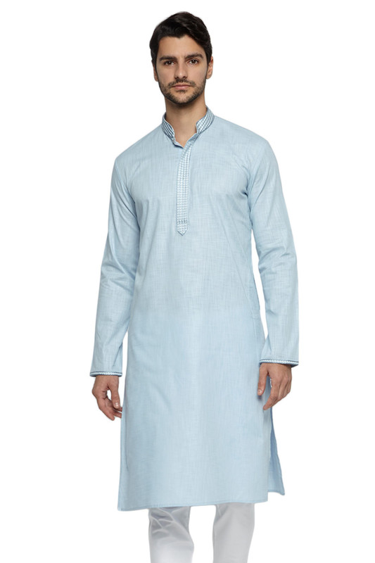 Ethnix Men's Mandarin Collar Pure Cotton Sky Blue Hand Embroidered Placket Long Kurta Tunic