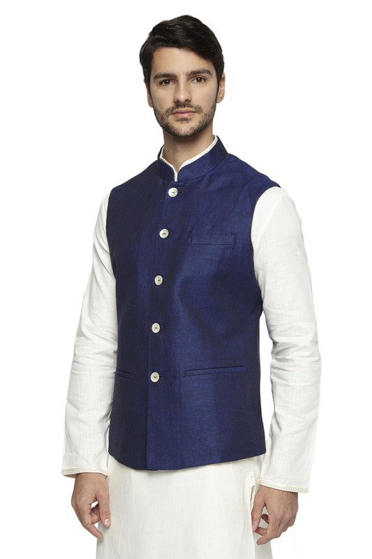 Ethnix Men's Handmade Banded CollarPure Cotton Linen Nehru Jacket Vest; Navy Blue