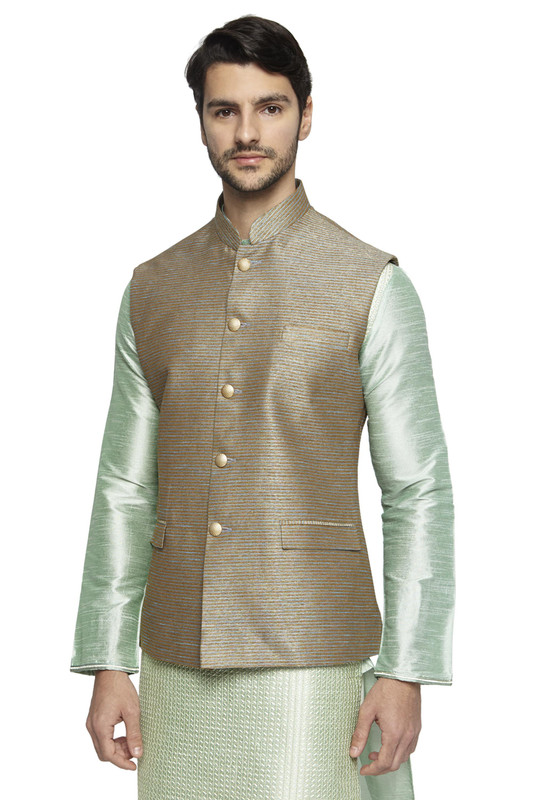 Ethnix Men's Handmade Banded Collar Fine Horizontal Stripe Nehru Jacket Vest Ethnix Men's Handmade Banded Collar Fine Horizontal Stripe Nehru Jacket Vest