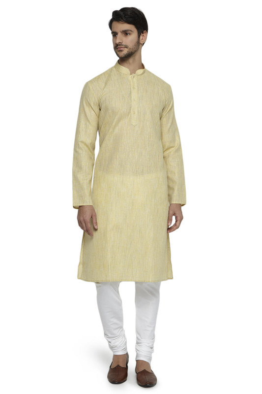 Ethnix Men's Light Yellow Mandarin Collar Solid Textured Staple Kurta Pajama 2-piece set Ethnix Men's Light Yellow Mandarin Collar Solid Textured Staple Kurta Pajama 2-piece set