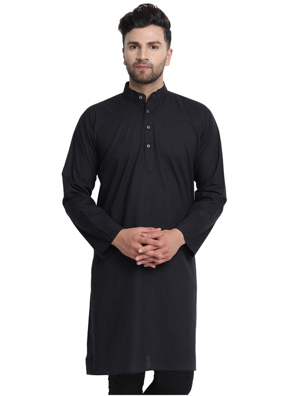In-Sattva Men's Indian Banded Classic Collar Pure Cotton Pure Black Long Kurta Tunic