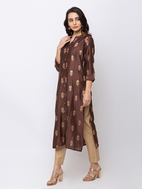 Ethnicity Brown Long Women's Button Up Kurta Tunic Dress with Embroidery