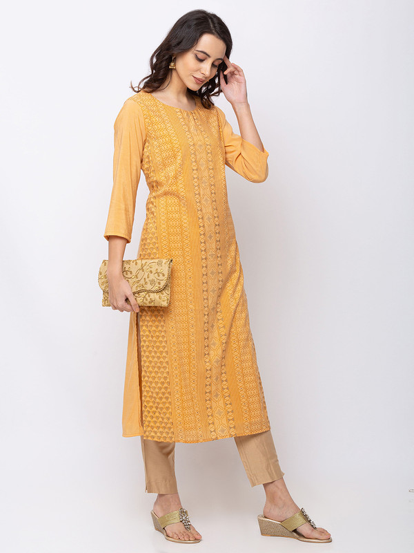 Ethnicity Mustard-Yellow Long Straigh Kurta Tunic with Bohemian Print"