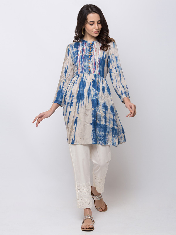 Ethnicity Blue and White Tie-Dye A-Line Short Kurta tunic with Buttoned Placket Ethnicity Blue and White Tie-Dye A-Line Short Kurta tunic with Buttoned Placket