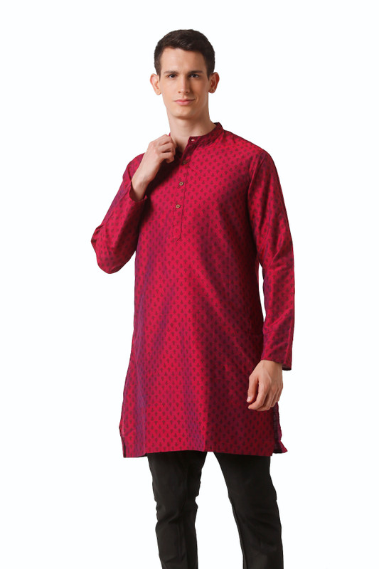 In-Sattva Men's Mandarin Collar Micro Dobby Fine Print Mid-Length Kurta Tunic Magenta