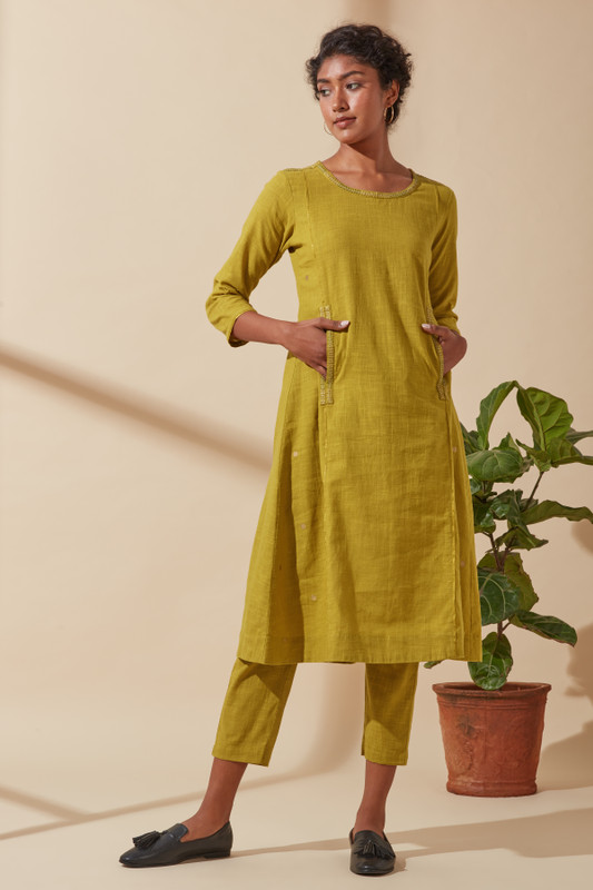 Women's Bohemian Classic 100% Cotton Mustard and Gold Embroidered Kurta with Pockets