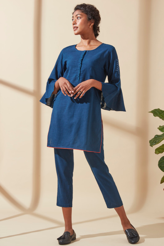 Women's Bohemian Classic 100% Cotton Indigo Bell-Sleeve Tunic