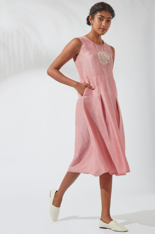 Women's Bohemian Classic Silk Linen Sea Pink Embroidered Kurta Dress