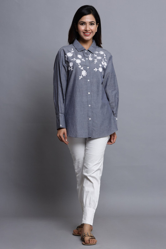 In-Sattva Mayori Pure Cotton Handcrafted Grey Embroidered Shirt | Front View