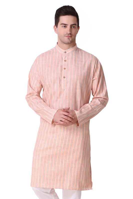 In-Sattva Men's Banded Collar Vintage Cotton Striped Sandstone Orange Long Kurta Tunic | Main Image