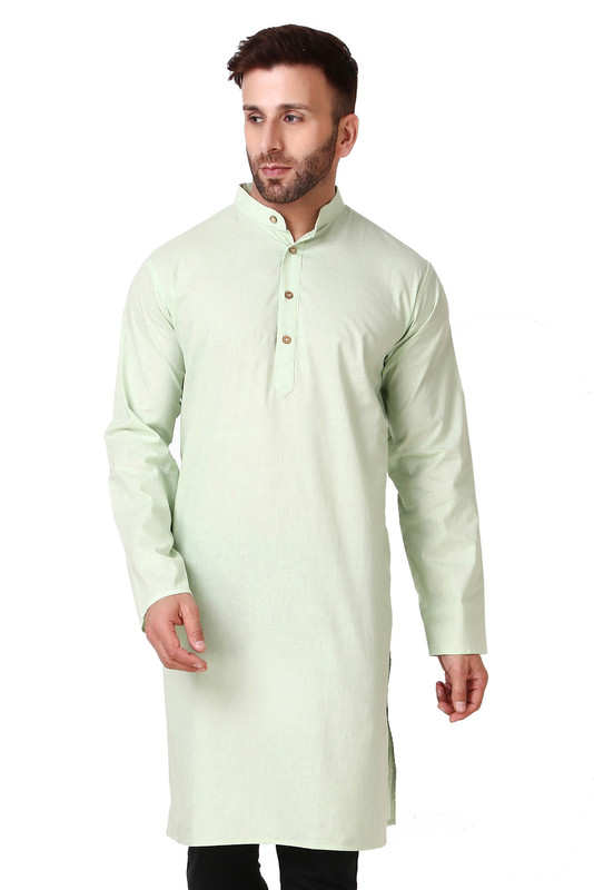 In-Sattva Men's Banded Classic Collar Pure Cotton Long Mint Green Kurta Tunic | Main Image