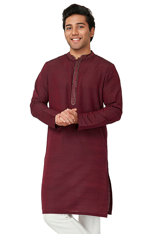 Men's Wedding Burgundy Kurta Tunic with Embroidered Banded Collar and Placket | Main View Men's Wedding Burgundy Kurta Tunic with Embroidered Banded Collar and Placket | Main View