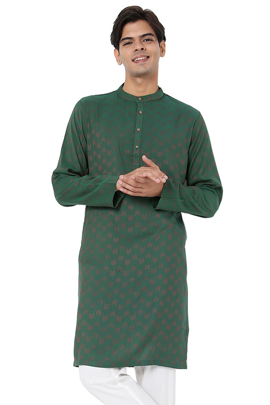 Men's Hunter Green Kurta Tunic with Mandarin Collar and Geometric Pattern | Main View