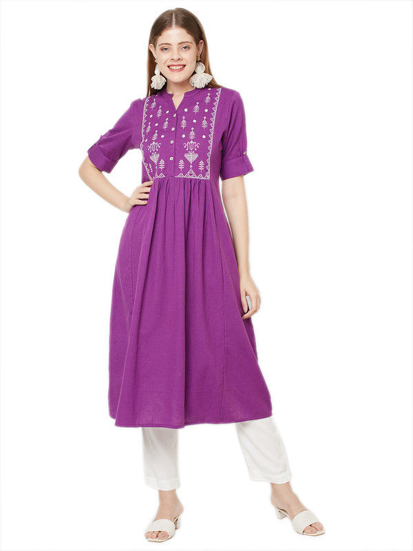 Sitayya Women's Bohemian White Embroidered Yoke A-line Purple Kurta Dress | Main Image