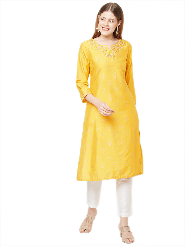 Sitayya Women's Golden Leaf Embroidered Neckline Block Print Sunshine Yellow Kurta Tunic | Main Image