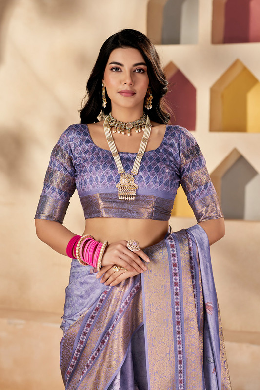 In-Sattva Women's Heritage Floral Print Dola Silk Saree; Luxurious Lavender