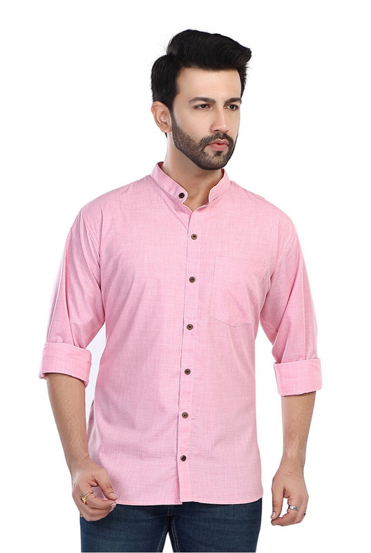 In-Sattva Men's Banded Sattva-Collar Pure Cotton Summer Button-Down Shirt; Berry Blush In-Sattva Men's Banded Sattva-Collar Pure Cotton Summer Button-Down Shirt; Berry Blush