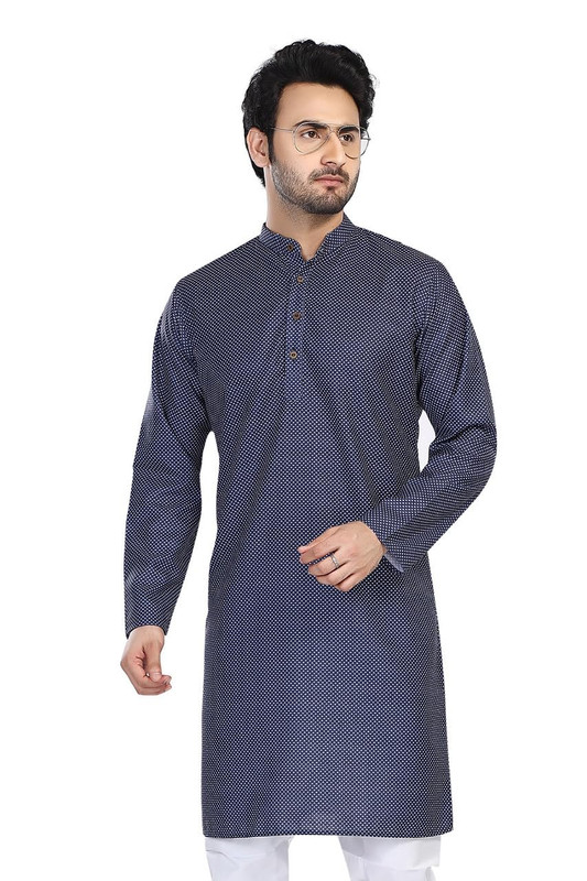 In-Sattva Men's Cotton Folk Print Banded Sattva-Collar Knee-Length Kurta Tunic; Polka Blue