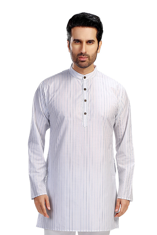 In-Sattva Men's Handloom Cotton Vintage Pinstriped Thigh-Length Kurta Tunic; Striped Blue