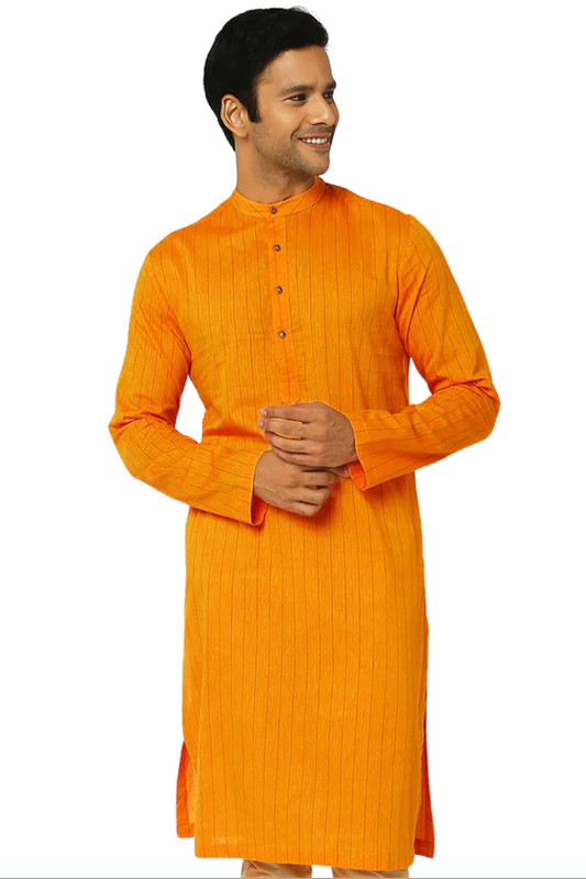 In-Sattva Men's Majestic Pinstriped Bejeweled Designer Indian Kurta Tunic; Summer Mustard