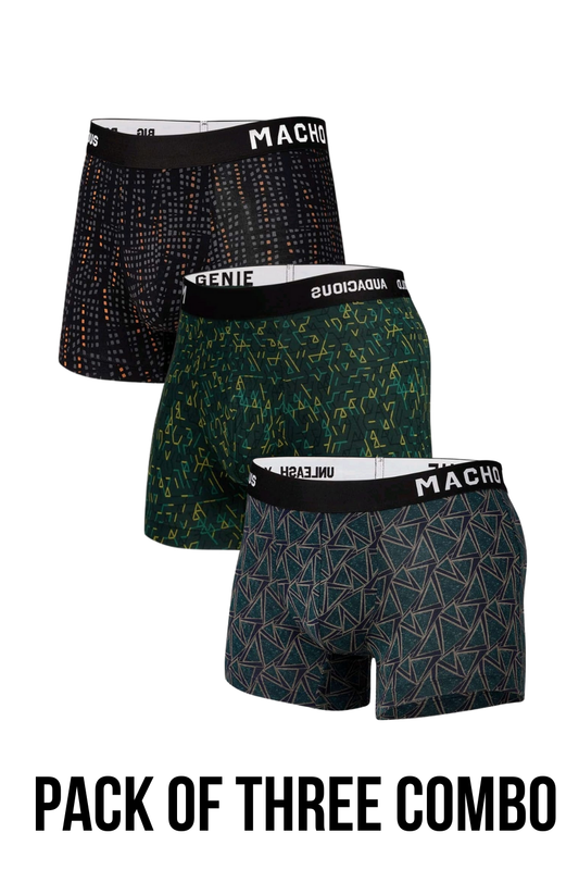 Men's Essentials - Vibrant Vibes Patterned Modal Trunks - Pack of 3 - Black, Green and Ocean