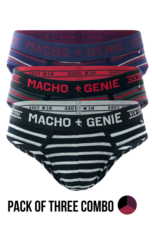 Men's Essentials - Luxe Premium Cotton Striped Briefs - Pack of 3 - Black, Red and Wine