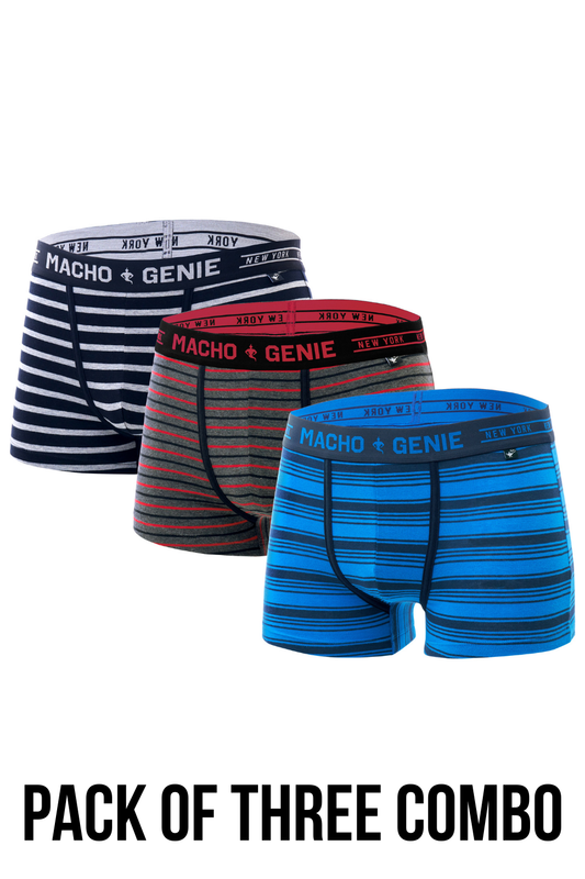 Men's Essentials - Luxe Premium Cotton Striped Trunks - Pack of 3 - Blue, Red and Black