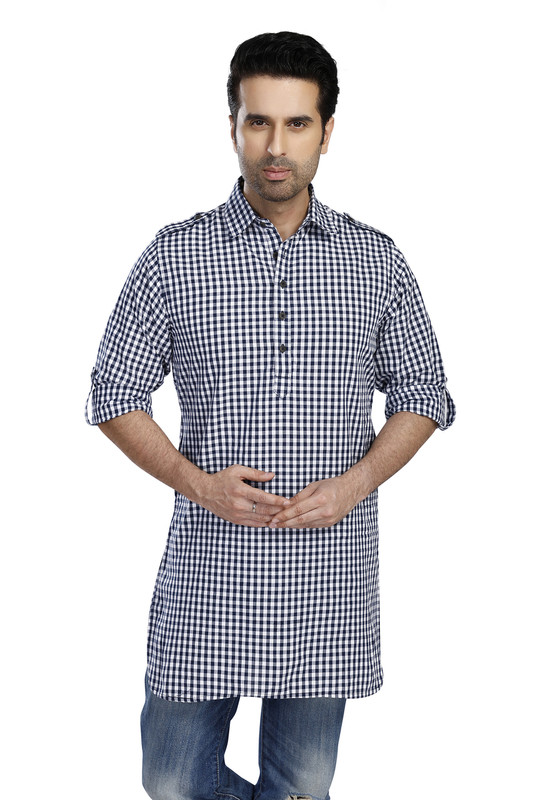 In-Sattva Men's Pullover Pathani Rollup Sleeve Kurta Tunic With Shoulder Strap - Navy Gingham