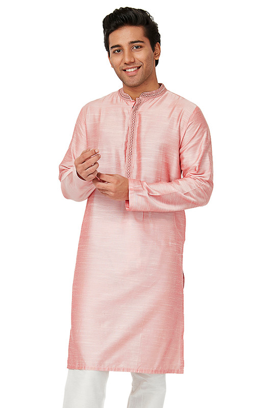 Men's British Pink Kurta Tunic with Embroidered Banded Collar and Placket | Main View