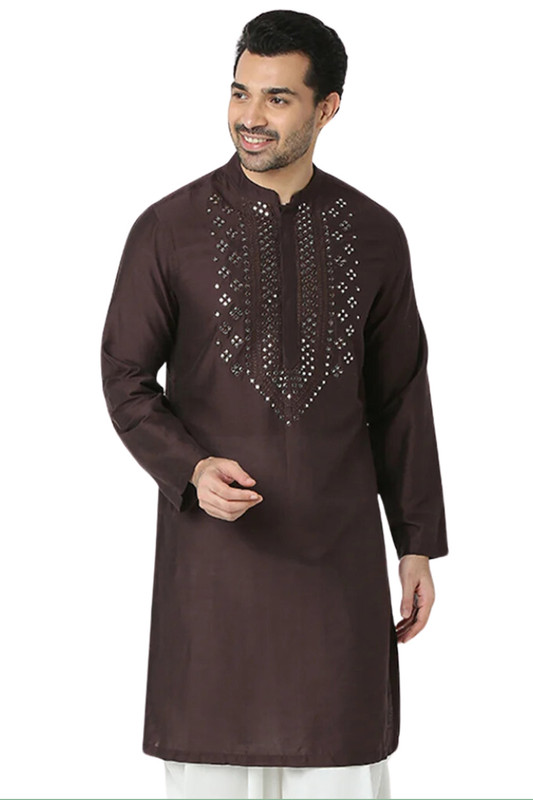 In-Sattva Men's Festive Rich Embellished Handcrafted Knee-Length Kurta Tunic - Forest Brown
