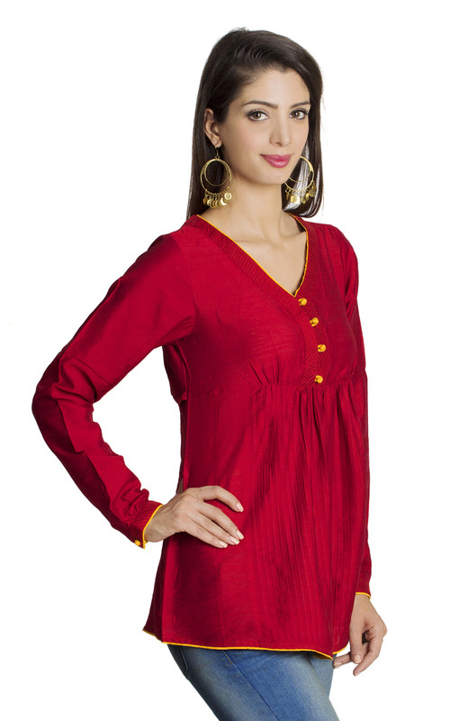 MOHR Women's Red Tunic Shirt with V-Neck and Full Length Sleeves - In ...