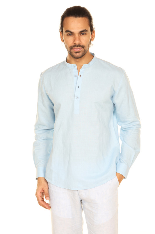A.N.D. by Anita Dongre Mens Pullover Tunic with Mandarin Collar and Long Sleeves - Sky Blue Front