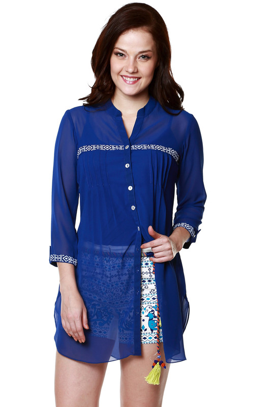 Global Desi Womens Boho Sheer Button Down Tunic  - Front