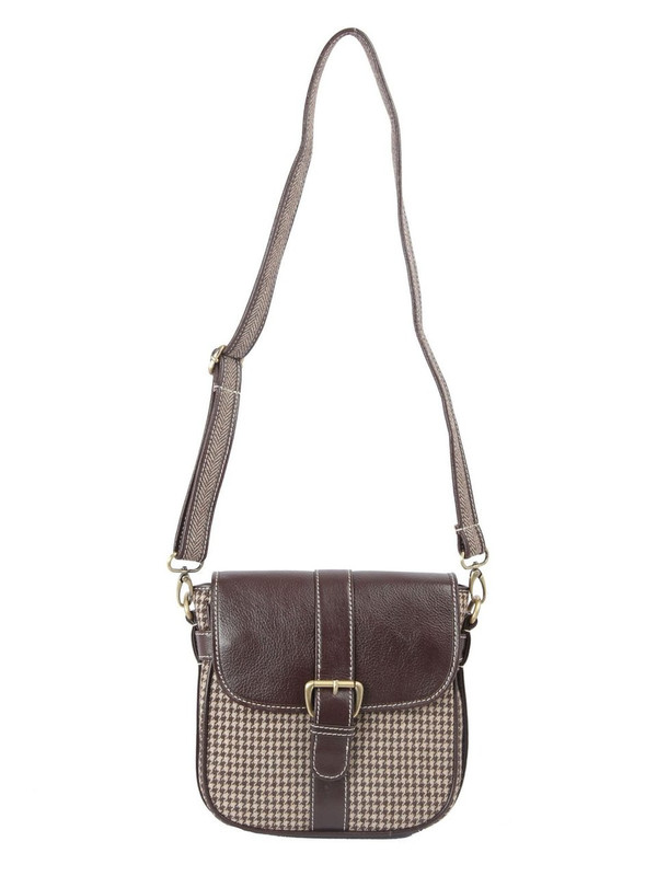 Ivory Tag Brown Leather & Houndstooth Crossbody Bag ÛÒ Front