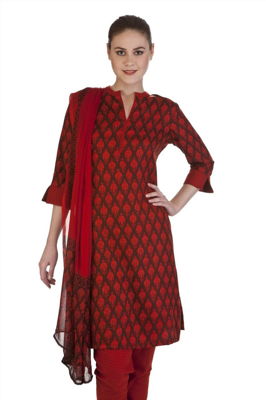 MB Women's Indian Clothing Kurta Tunic 3 piece Suit with Floral Paisley Print ÛÒ Red/Brown