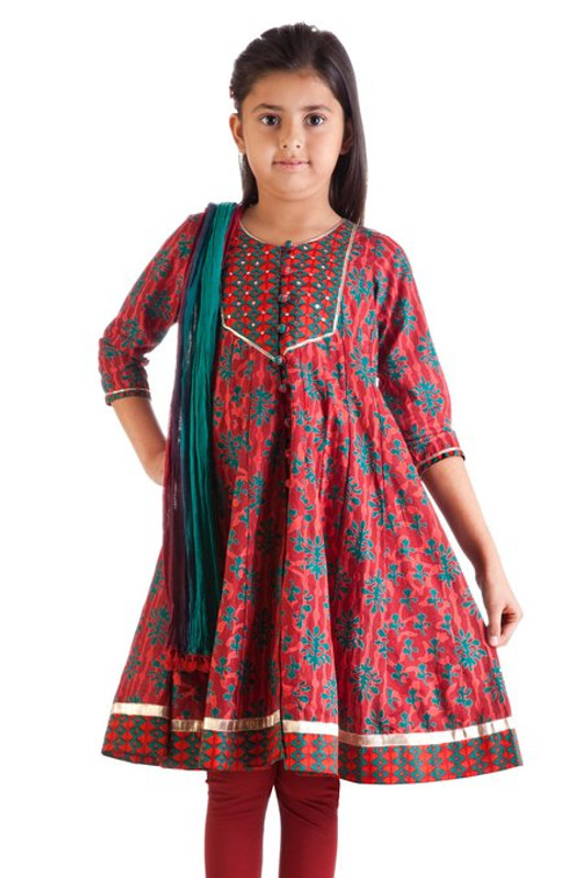 MB Girl's Indian Kurta Tunic in Teal Leaf Print with Matching Churidar (Pants) and Dupatta (Scarf) - Front