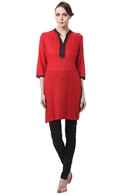 In-Sattva Women's Indian Solid Color Contrast Trim Kurta Tunic In-Sattva Women's Indian Solid Color Contrast Trim Kurta Tunic
