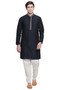 Men's Indian Kurta Tunic : Black with Embroidered Collar - Full Display | In-Sattva