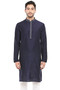 Men's Enriching Navy Blue Classic Band Collar Indian Kurta Tunic with Embroidered Placket Front view | In-Sattva