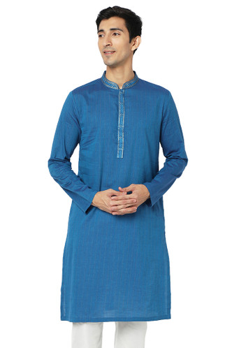 Men's Kurta Tunic: True Blue with Embroidered Banded Collar