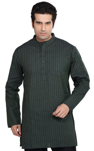 Shatranj Men's Kurta Tunic Banded Collar Multi-Stripe Dark Teal Shirt ...