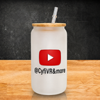 Frosted glass can-style tumbler with a bamboo lid and clear straw, featuring a UV DTF printed design