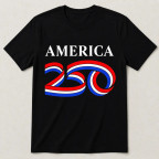 Patriotic America 250 design featuring bold “AMERICA” text in white above a flowing red, white, and blue “250” graphic