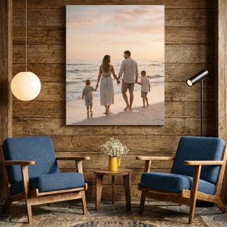 A cozy, rustic-modern living space with a wood-paneled wall and a large canvas print of a family walking along the beach at sunset