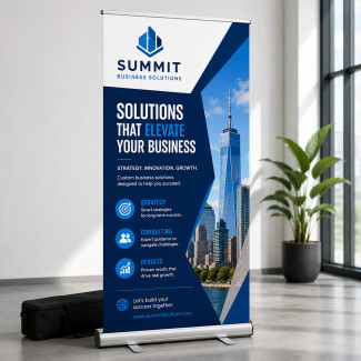 Professional 33.5x80 retractable banner stand with blue corporate business design displayed in a modern office setting.