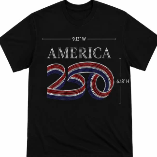 American 250th Anniversary Rhinestone Transfer Design pressed on a black t-shirt